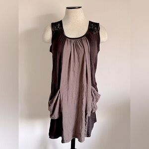 DAYTRIP Sleeveless Brown Dress with Crocheted Shoulders & Large Pockets Large